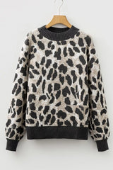 Flat lay front view of the gray and black leopard print baggy sweater on a hanger.