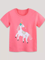 Children's multicolor short-sleeve T-shirt featuring a cute unicorn graphic.
