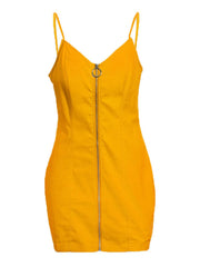 Mustard yellow zip front bodycon mini dress laid flat, front view with V neckline and ring zip pull