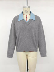 Front view of the gray contrast collar sweater displayed on a dress form