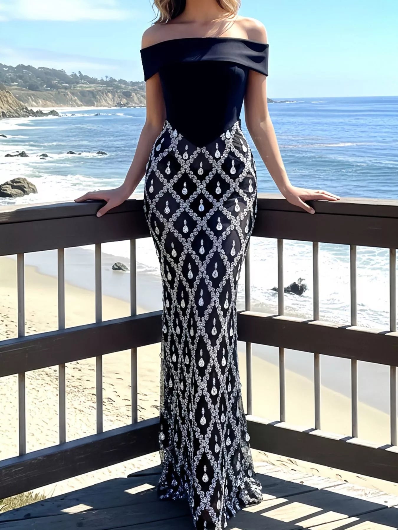 Front view of black off shoulder maxi dress with rhinestone skirt on a beach boardwalk