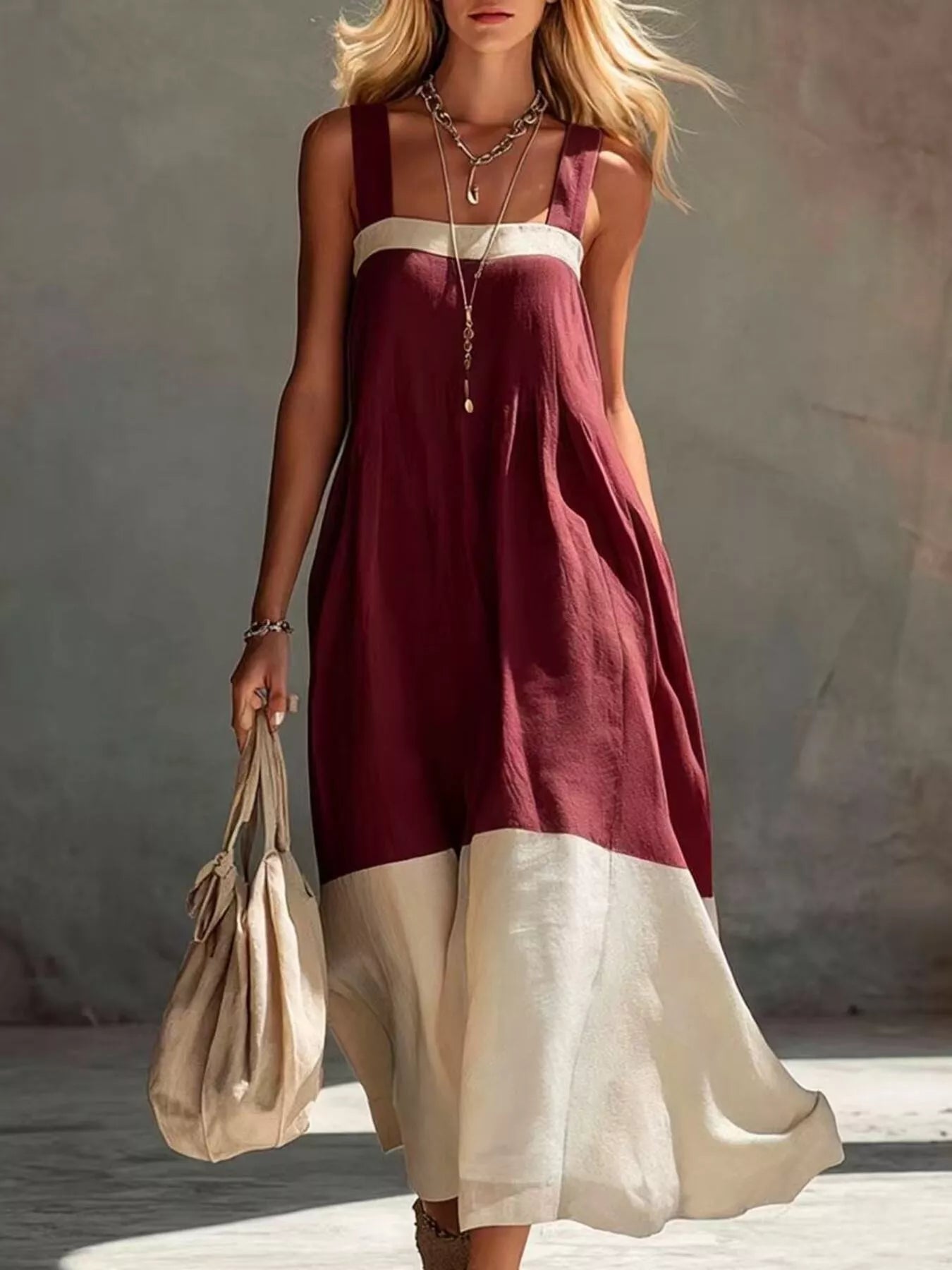 Front full length view on model of wine red color block sleeveless linen blend midi dress