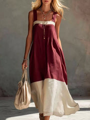 Front full length view on model of wine red color block sleeveless linen blend midi dress