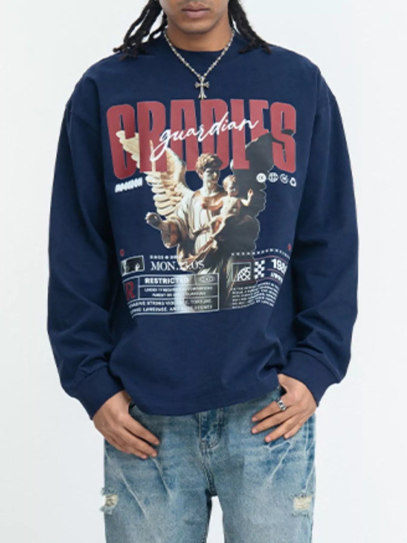 Men's cotton long-sleeve T-shirt featuring a guardian angel graphic.