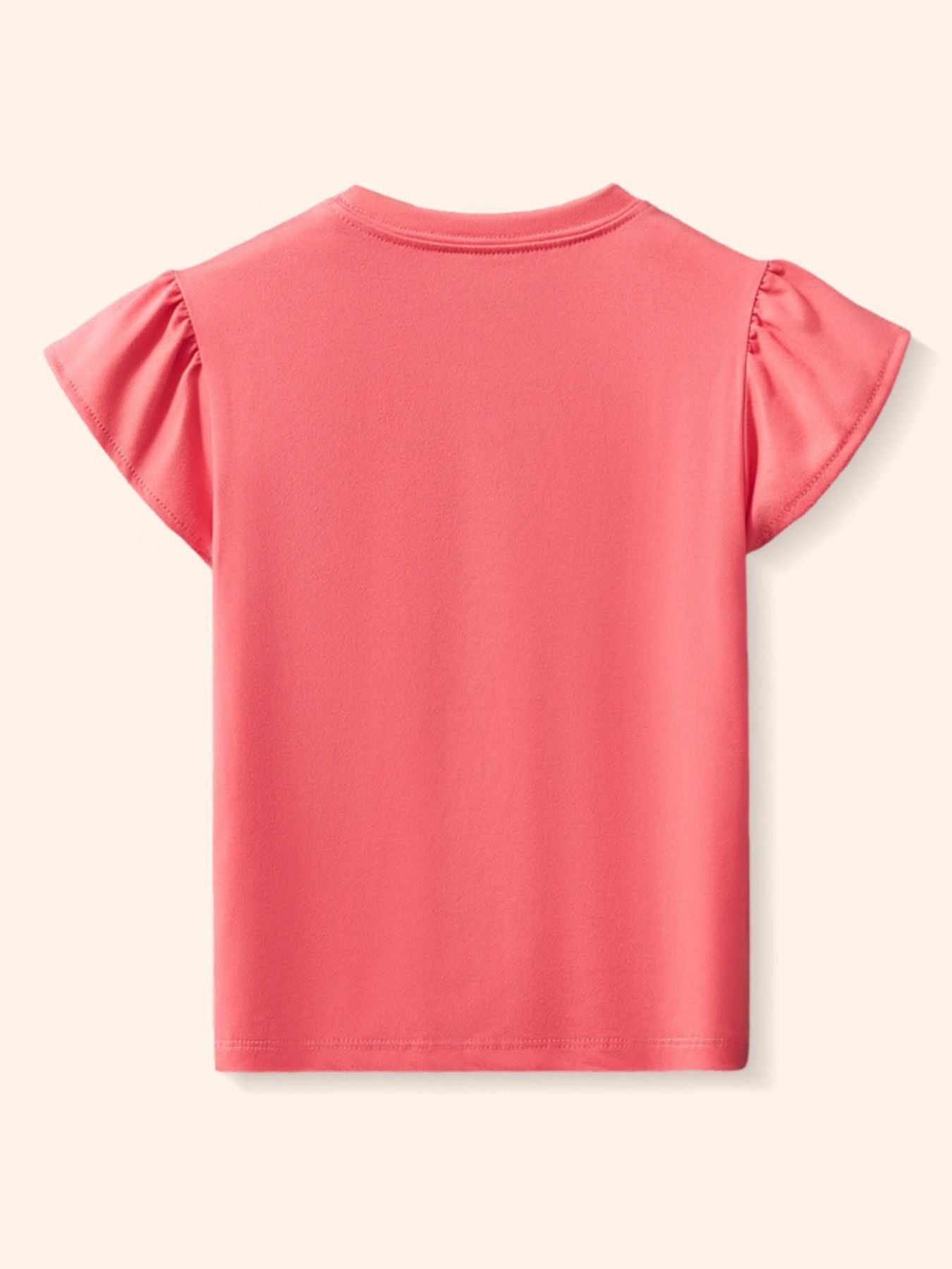Plain back view of coral children's ruffle sleeve t-shirt with no print