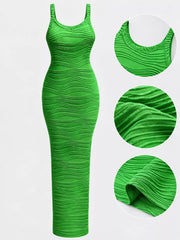 Bright green wavy textured sleeveless bodycon maxi dress with circular neckline fabric and hem close ups