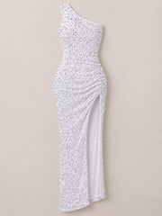 White sequin one shoulder evening dress shown flat front facing with a high slit