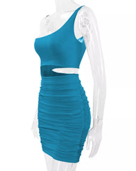Lake blue one shoulder cutout ruched bodycon mini dress on a clear mannequin side view