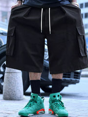 Men's black cargo shorts with a drawstring waist and pockets.