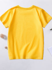 Back view of plain yellow children's short sleeve t-shirt with no print