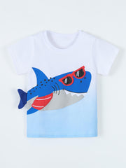 Flat lay front view of children's white and light blue T-shirt featuring a blue shark in red sunglasses