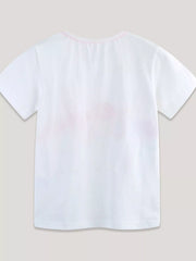 Back view of the plain white children's short sleeve t-shirt with faint print show-through