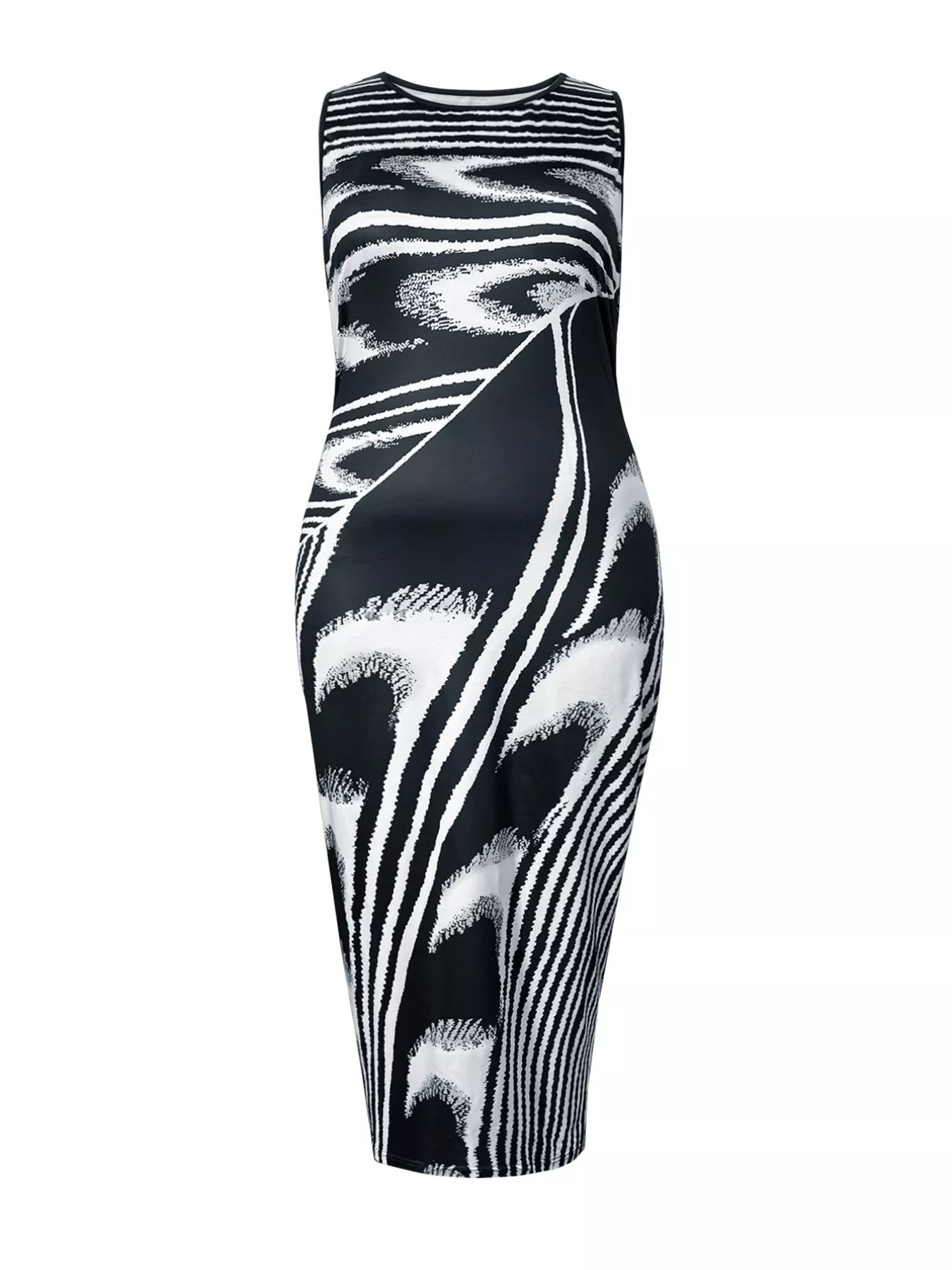 Flat front view of a plus size black and white sleeveless bodycon maxi dress on a white background
