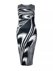 Flat front view of a plus size black and white sleeveless bodycon maxi dress on a white background