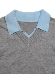 Close up of the light blue polo collar and V neckline on the gray knit sweater