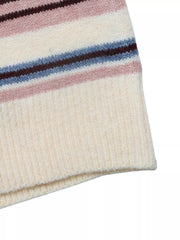 Close-up of a cream ribbed sweater hem below pink, blue, and burgundy stripes