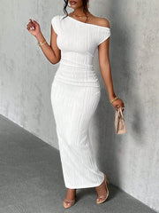 Front view of a white asymmetrical one shoulder ribbed bodycon maxi dress
