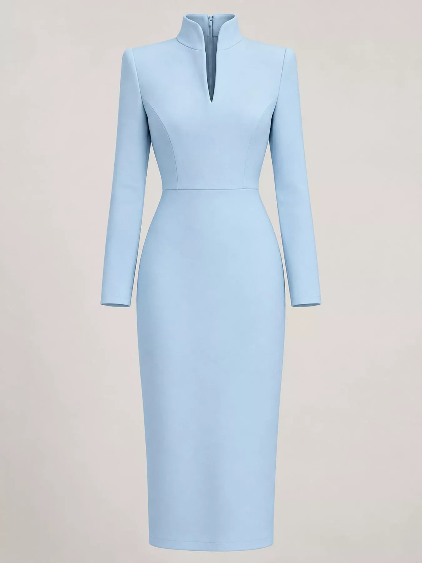 Sky blue stand collar long sleeve midi dress shown flat from the front