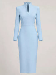 Sky blue stand collar long sleeve midi dress shown flat from the front