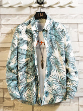 Men's printed button-up shirt made from a cotton-spandex blend.