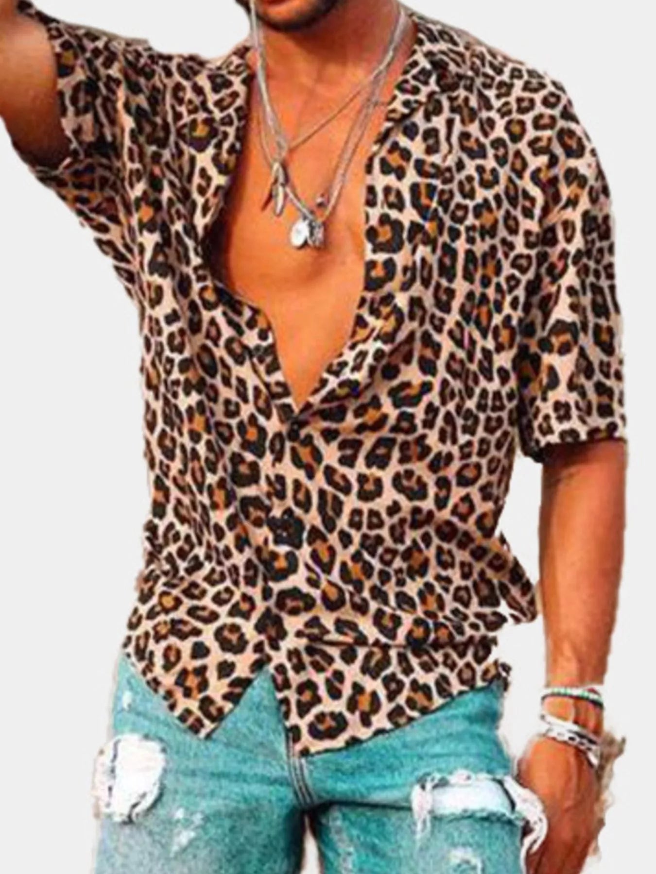 Men's leopard-print short-sleeve shirt with buttons and pockets.