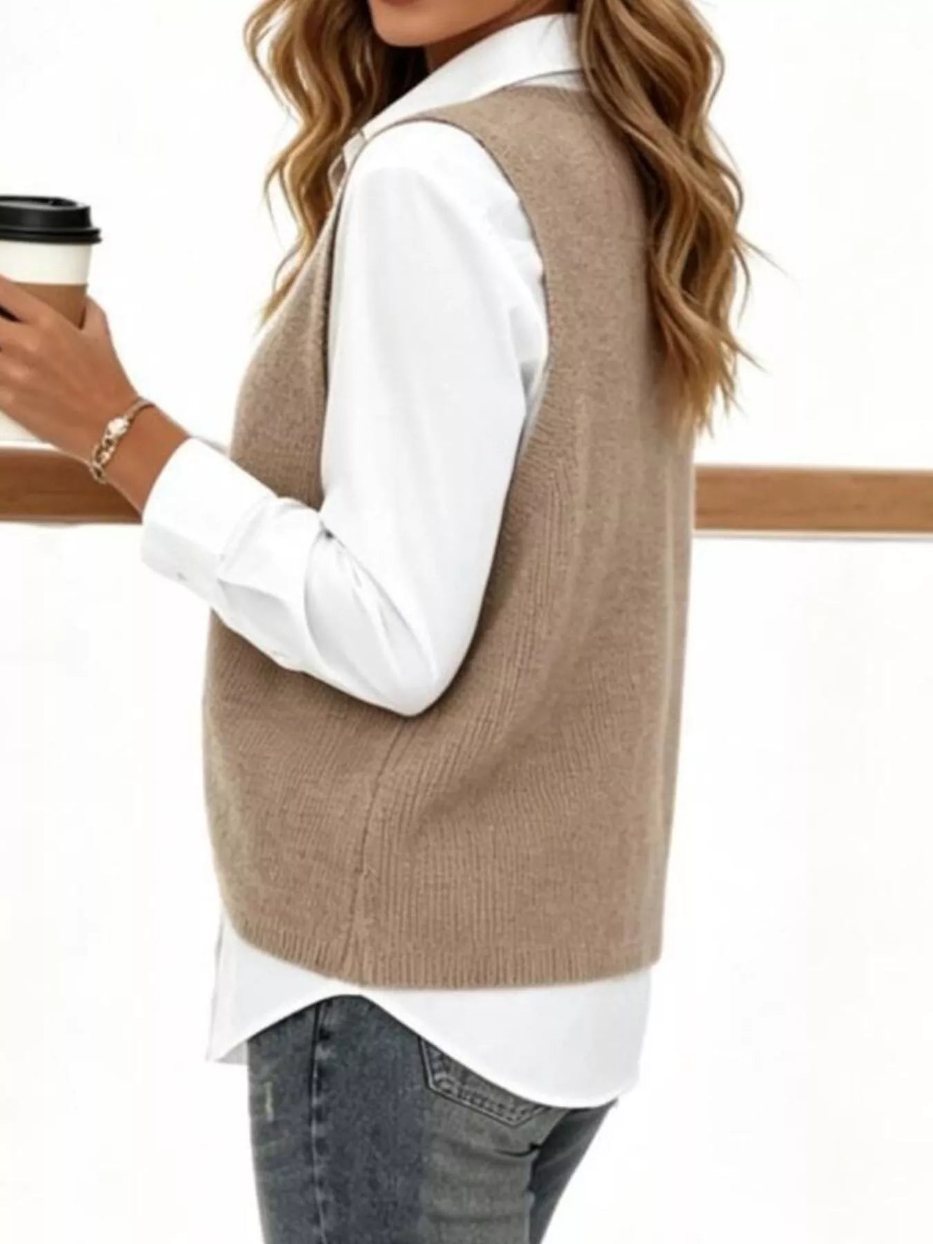 Side and back view of khaki V neck knit sweater vest over white collared shirt