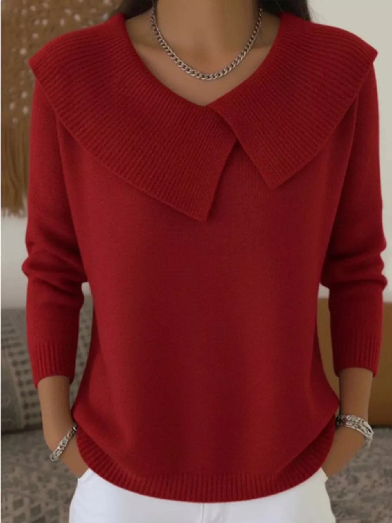 Red wide collar ribbed knit sweater with overlapping collar and long sleeves, front view