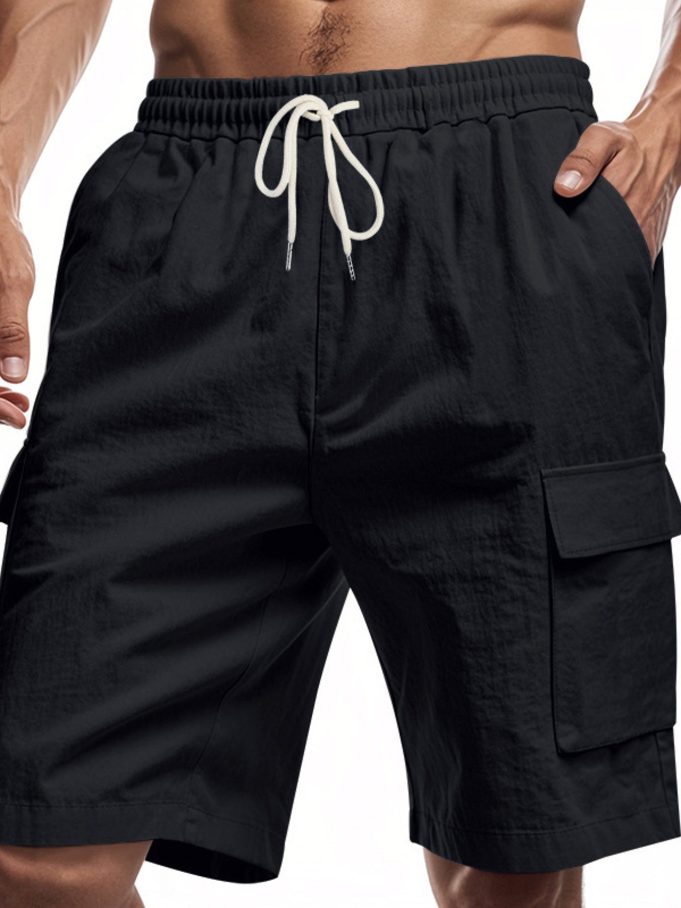 Men's black lightweight cargo shorts with a drawstring waist and pockets.
