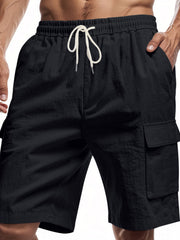 Men's black lightweight cargo shorts with a drawstring waist and pockets.