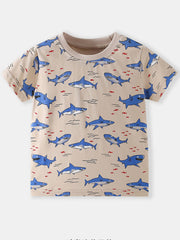 Flat lay front view of a children's gray crew neck t-shirt covered in blue shark print with tiny red fish