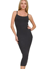 Front full view of black ribbed bodycon midi dress with thin straps
