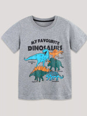 Gray children's short sleeve t-shirt laid flat with labeled colorful dinosaurs and bold dinosaur lettering