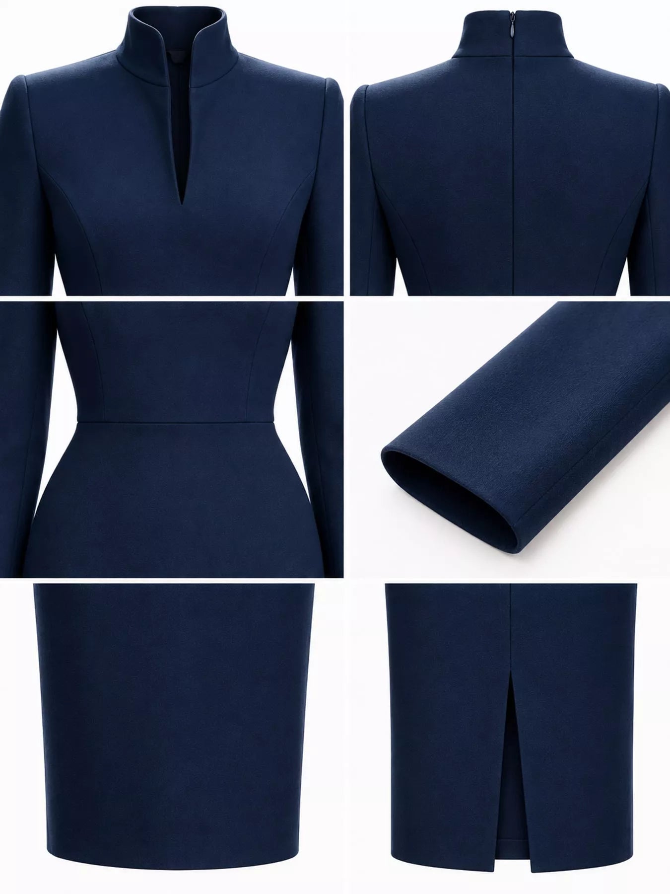 Detail collage of navy stand collar midi dress showing collar, waist seam, sleeve and slit