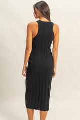 Black sleeveless ribbed knit bodycon dress with round neck, back view on model