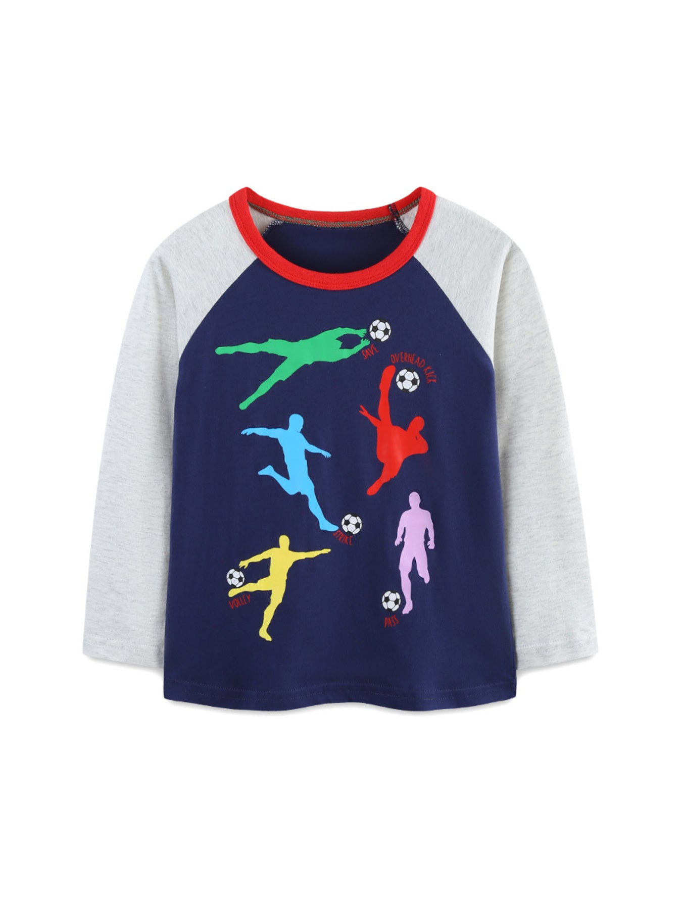 Flat front view of the dark navy raglan tee with grey sleeves and red neckline trim