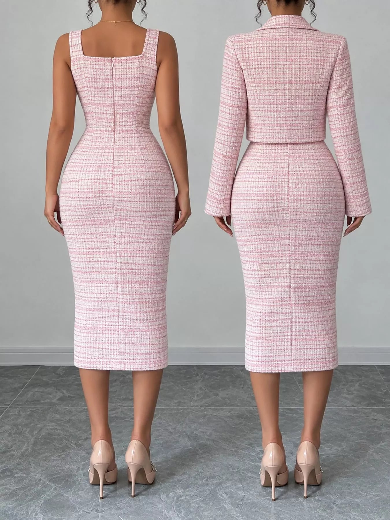 Back view of pink tweed square neck dress shown with and without the cropped cardigan