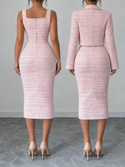 Back view of pink tweed square neck dress shown with and without the cropped cardigan