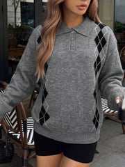 Front view of a gray argyle polo collar sweater with long sleeves and ribbed cuffs