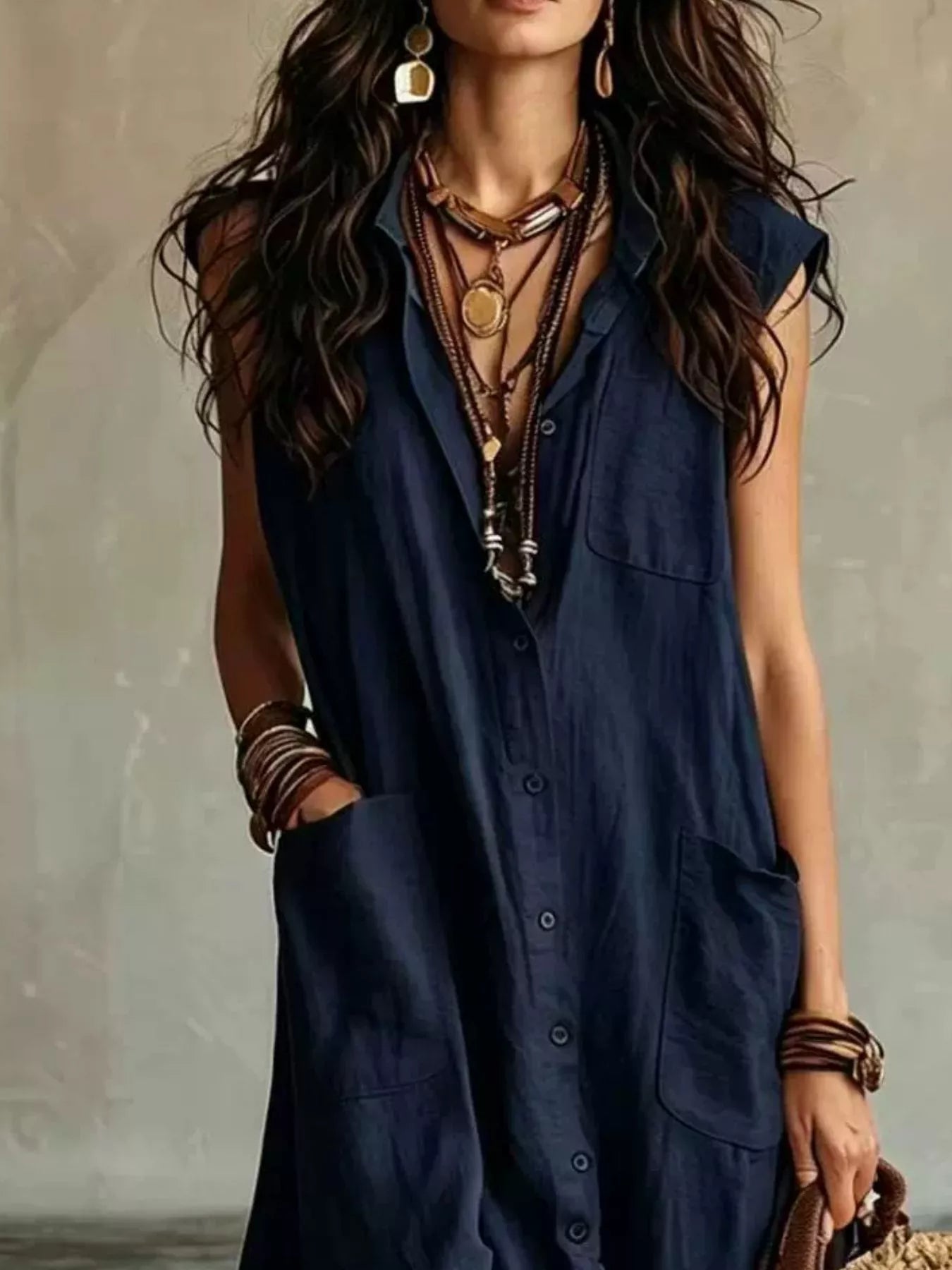 Close view of navy sleeveless button down linen maxi dress showing buttons and large pockets