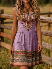 Violet sleeveless tribal print summer dress with patterned bodice and hem front view