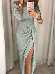 Sage green shimmering off shoulder ruched midi dress with thigh slit in a mirror selfie