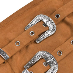 Caramel strapless bodycon dress buckle close up showing engraved silver buckle and eyelets