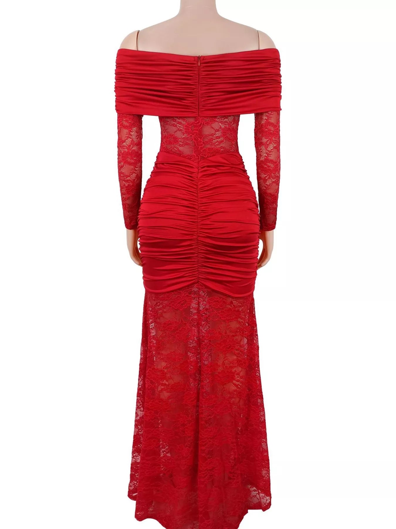 Back view of red off shoulder maxi dress on mannequin showing zip and lace