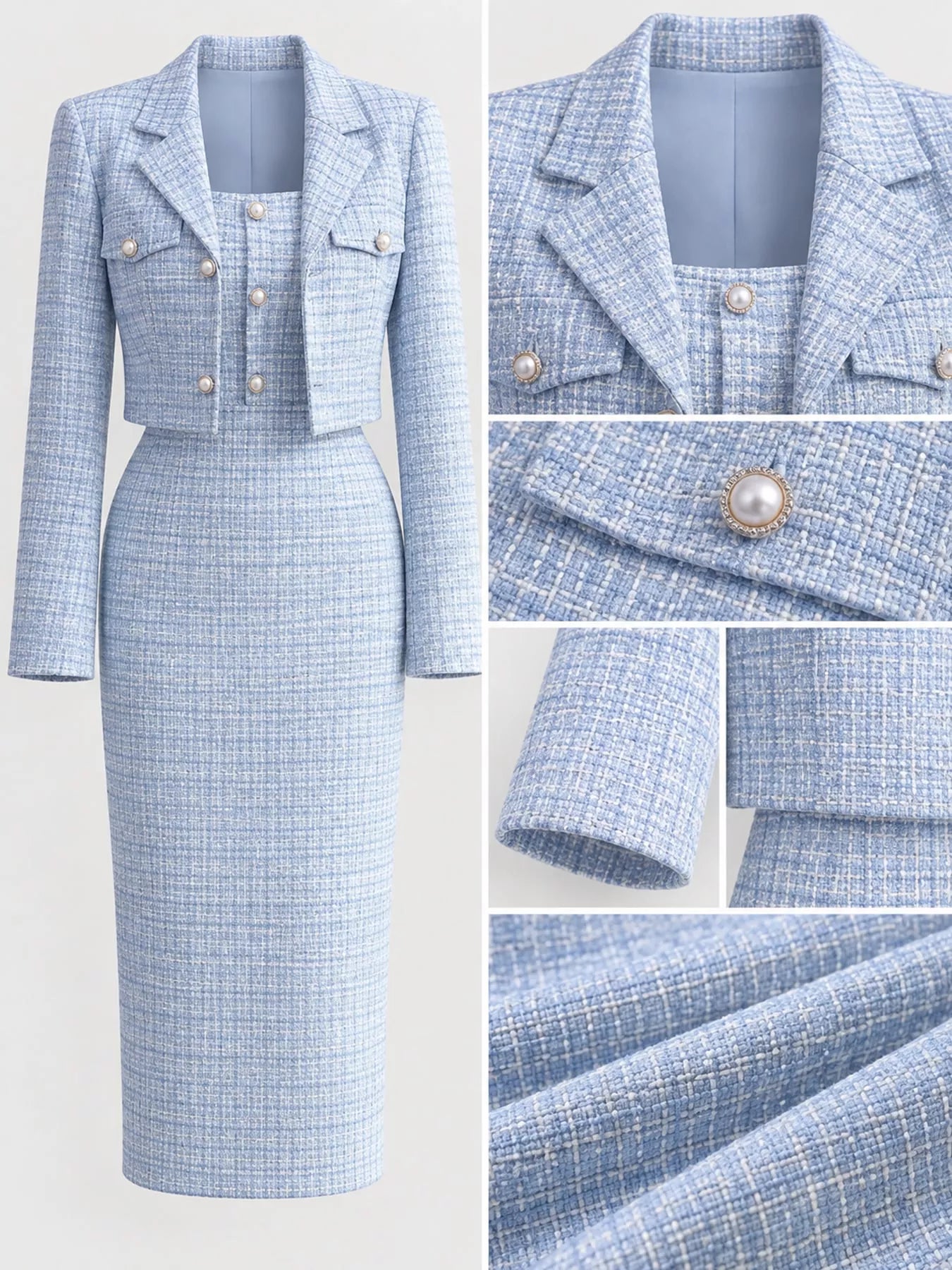 Detail view of light blue tweed dress and cardigan showing pearl buttons, sleeve and fabric