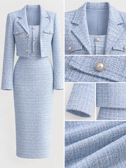 Detail view of light blue tweed dress and cardigan showing pearl buttons, sleeve and fabric