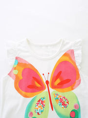 Close front view of a white children's ruffle top with a large colorful butterfly graphic