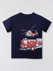 Front view of dark navy children's t-shirt with red fire truck and helicopter graphic