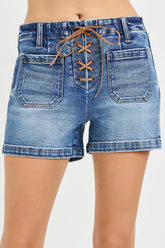 Women's high-rise shorts with front lace-up ties and patch pockets.