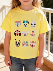 Front view of a yellow children's short sleeve t-shirt with nine cartoon animal faces