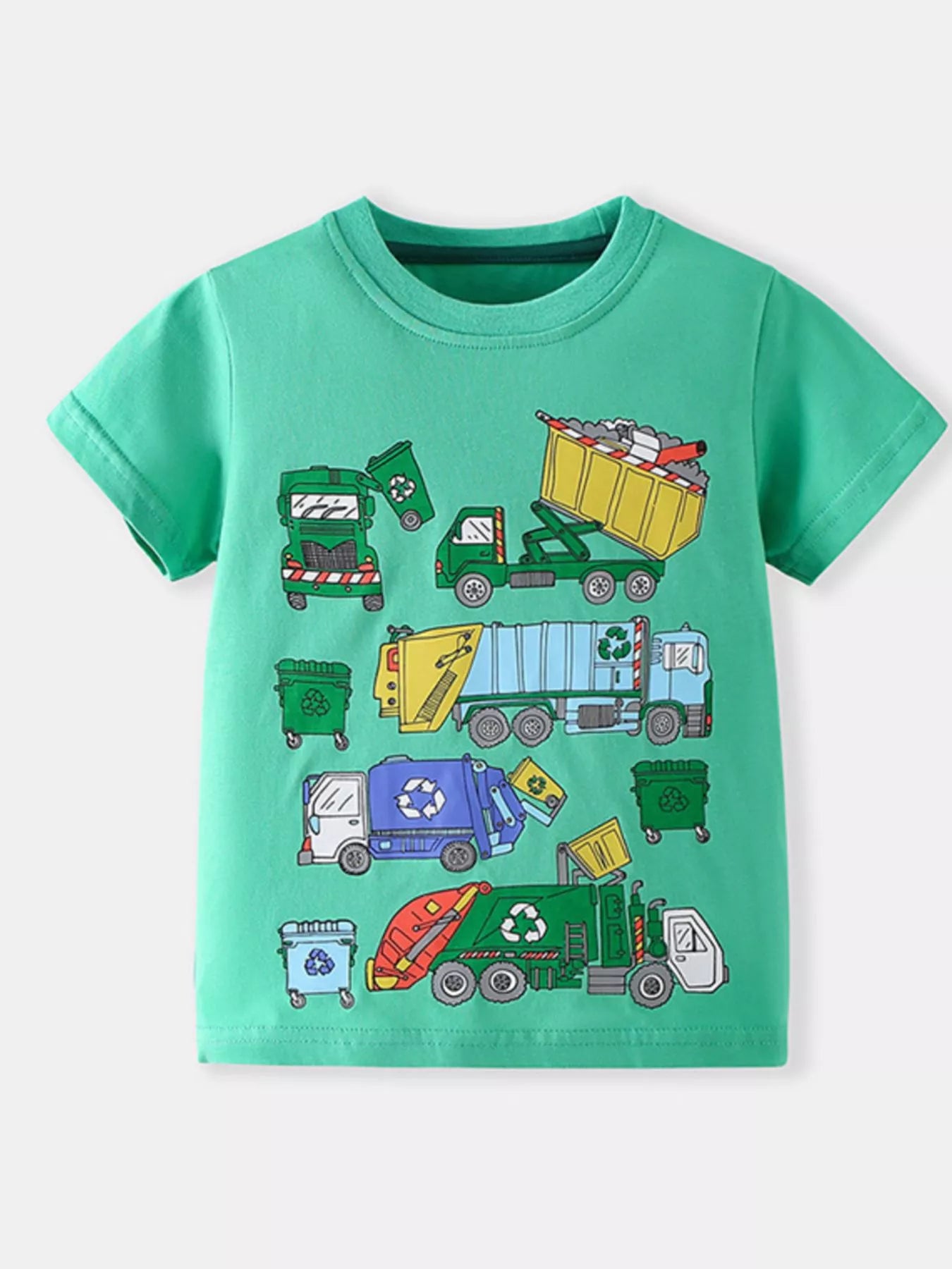Green children's short sleeve T-shirt with a colourful cartoon garbage truck and recycling bin print, shown flat from the front